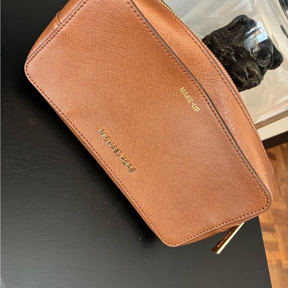 Michael Kors Tan Makeup Pouch with Gold Accents